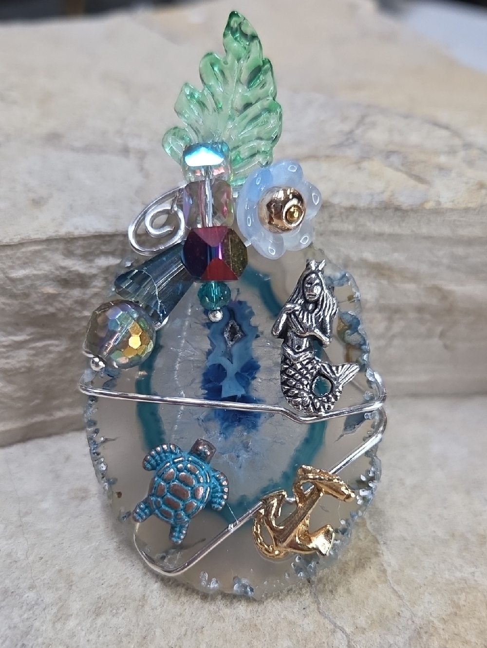 Ocean Agate Wire wrapped  Pendant with Mermaid, Turtle & Anchor Charms